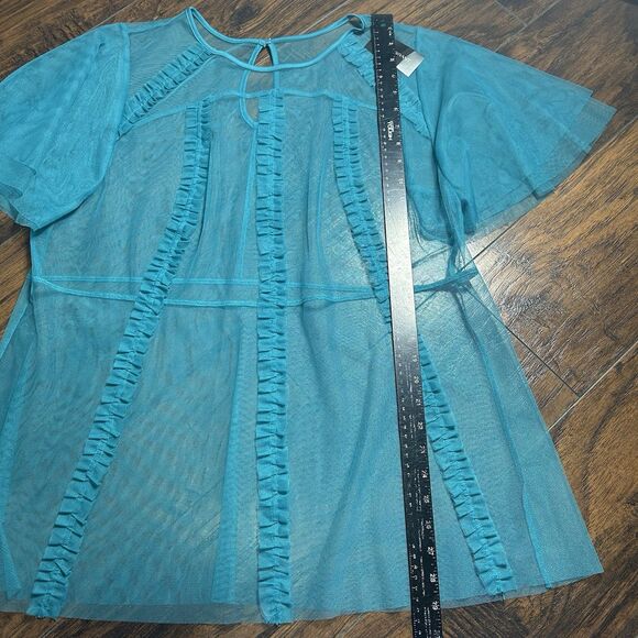 Lane Bryant Sheer Teal Ruffle Sleeve Blouse Wispy 18/20 Mesh Romantic Plus NWT - Picture 2 of 6